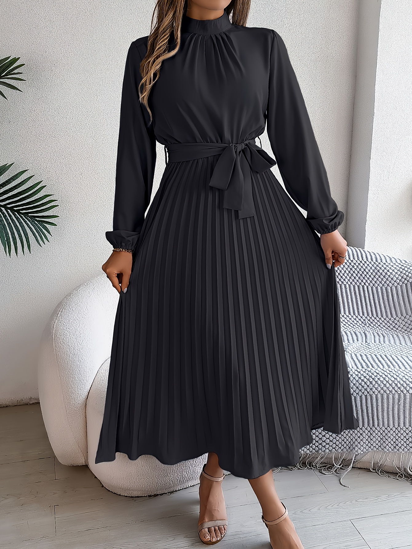 womens elegant a line smock dress stand collar long sleeves - Temu Saudi  Arabia