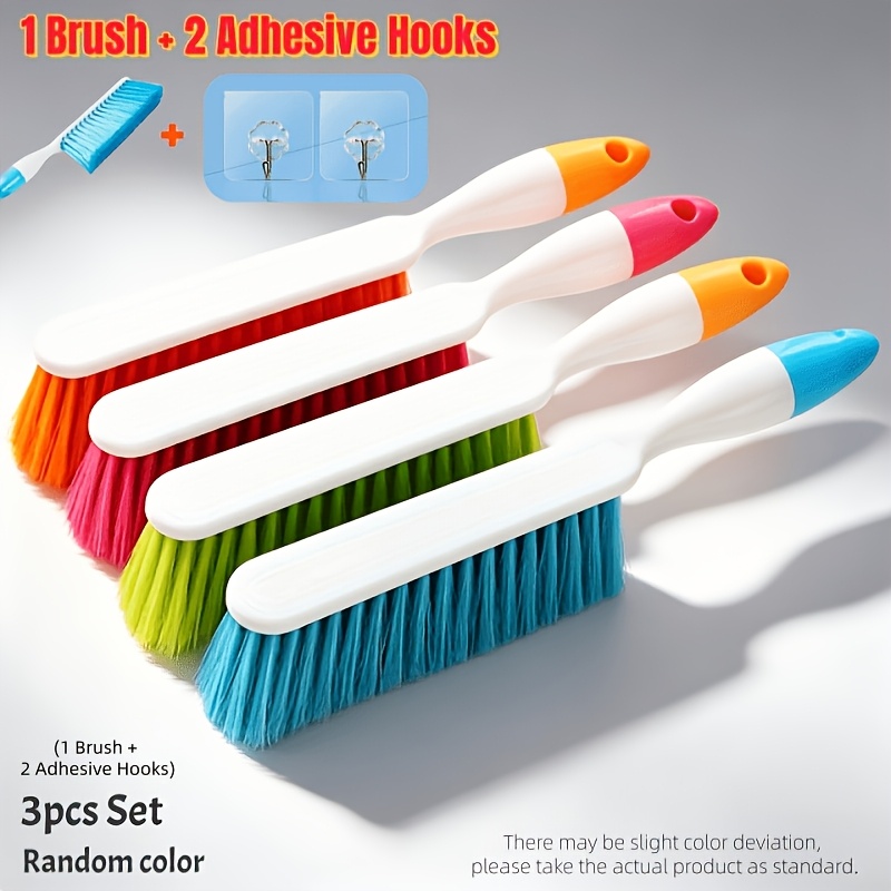 TEMU 3pcs Set - 1 Thickened Plastic Dust Brush And 2 Adhesive Hooks Combination Long Handle Cleaning Brush Colorful Bristles Color Random Large Dust