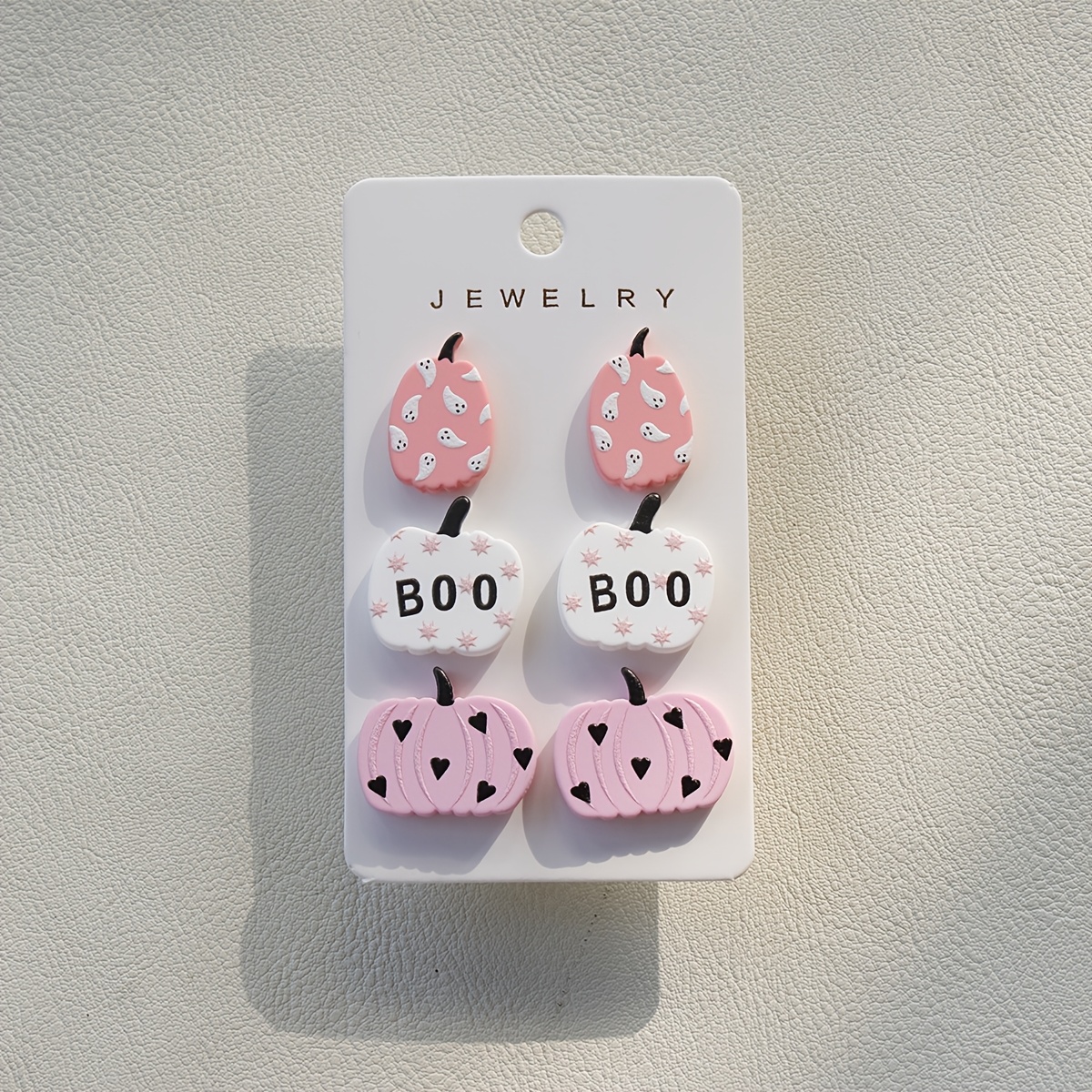 TEMU Parure de boucles d'oreilles à clous 3-en-1 pour femme, style Y2K d'Halloween, motif cœur BOO et citrouille rose en acrylique, cadeau pour