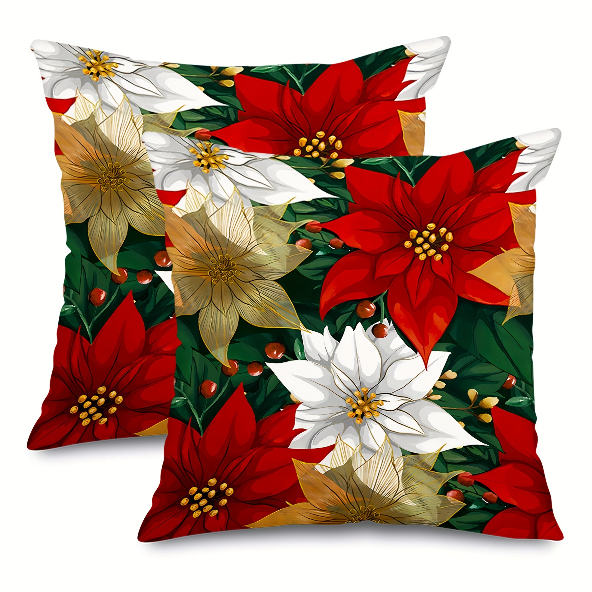 

2-pack Christmas Poinsettia Throw Pillow Covers, Contemporary Zippered Polyester Cushion Cases, Seasonal Xmas Flower Design, Machine Washable, For Home Decor - Single Sided Print (no Insert)