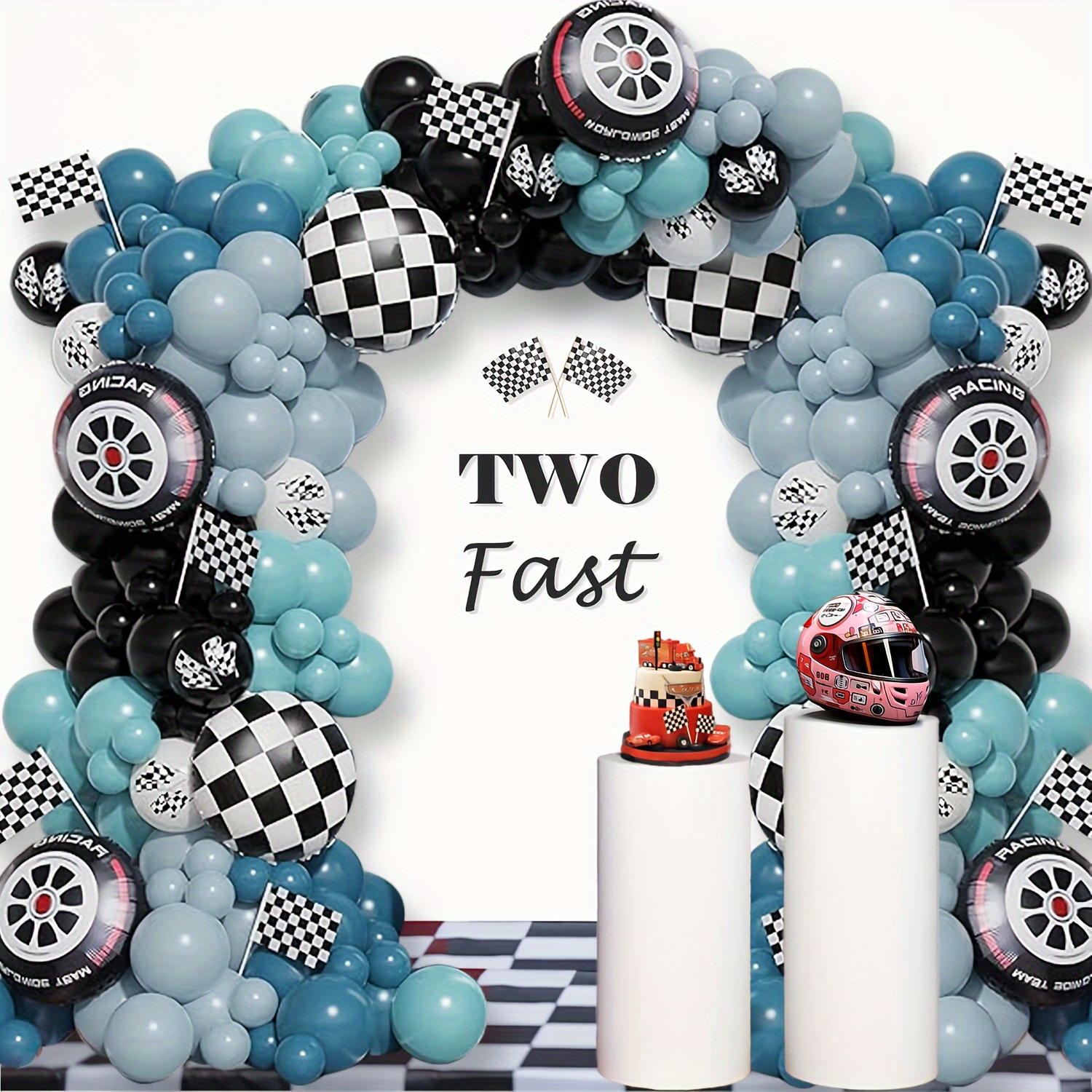 

Race Car Arch Kit, 166pcs Dusty Blue , Wheel Checkered Foil Balloons For Shower Race Car Theme Birthday Party Decorations