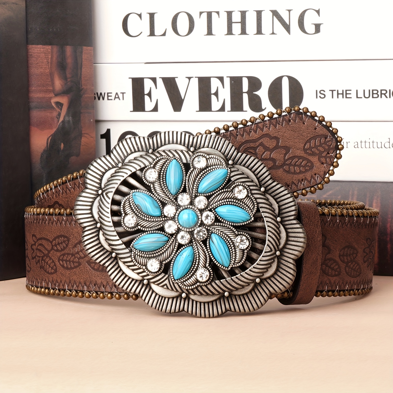 E-shop Damen-Gürtel im Western-Stil mit blau-türkisfarbenem Aufdruck Schnalle, passend für Jeans Western-Outfits, mit Blumenmuster, hellbrauner runder