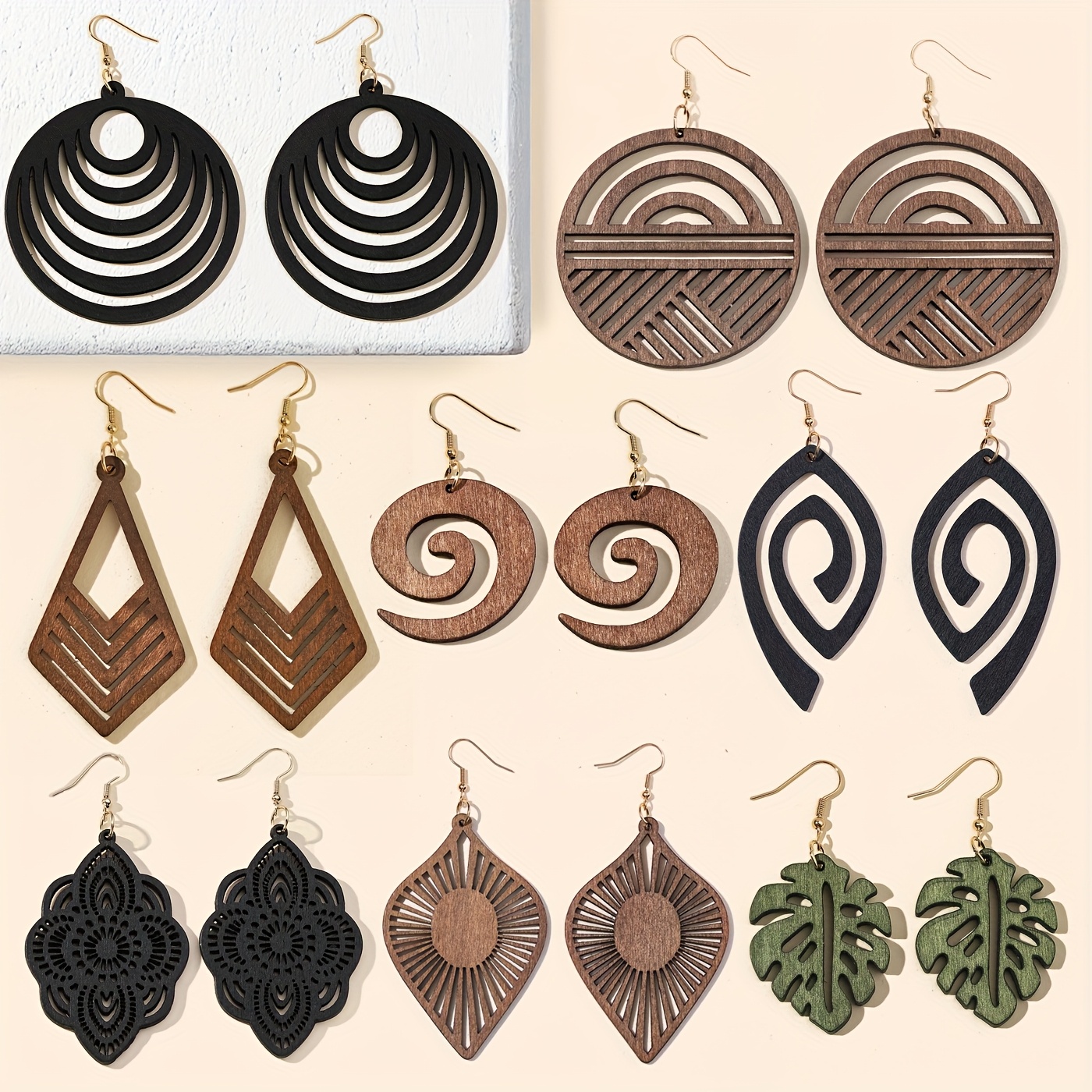 Image of 8 Pairs/set, European And Style Hollow-out Geometric Wooden Earrings — A Fashionable And