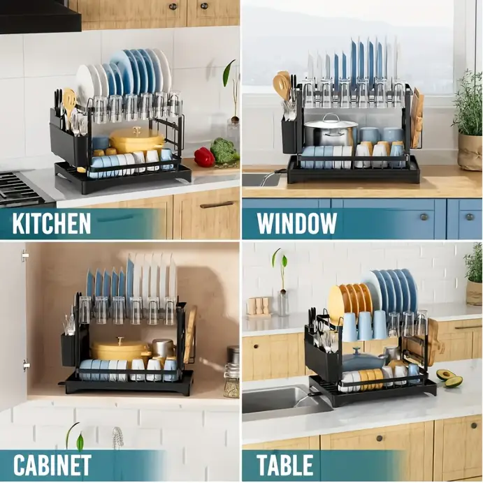 large capacity double layer dish drying rack carbon steel kitchen organizer with towel cup holders space saving countertop storage for plates bowls glasses utensils dish drying rack for kitchen counter durable construction apartment living Product details 4