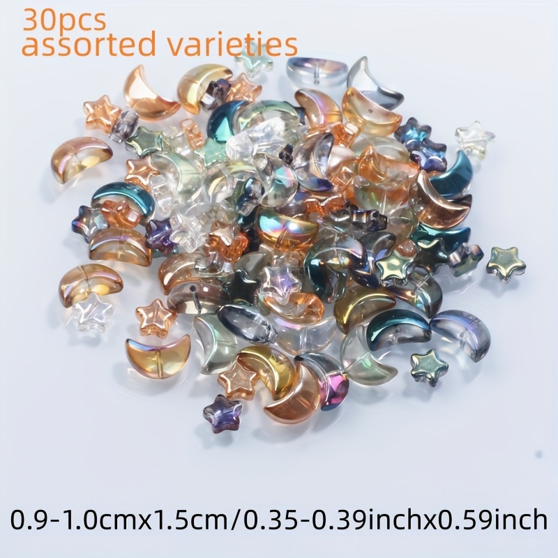 TEMU 9-10x15mm 30pcs Random Color Ab Coated Star And Moon Loose Spacer Beads For Making, Bracelets, Necklaces, Phone Charms, Home Decor, And Craft