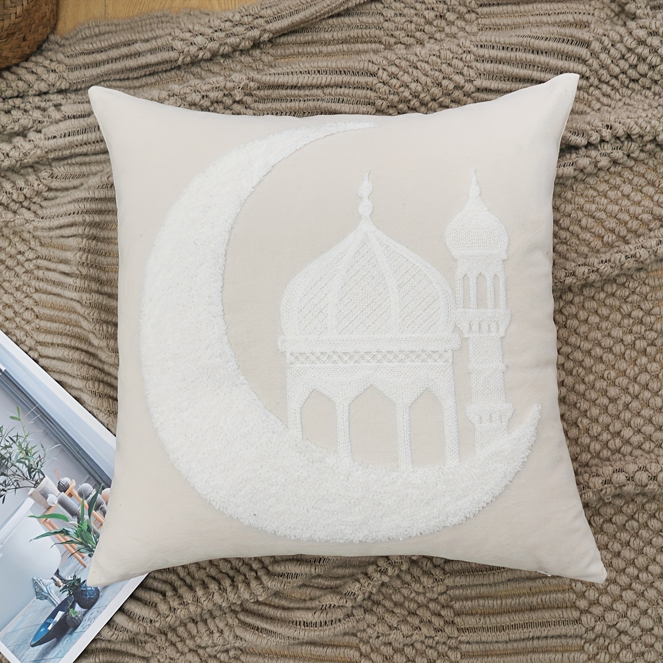 1pc Ramadan Exquisite Embroidered Cushion Cover, Machine Washable, Zipper Closed, Fabric, Suitable For Room Types, Pillow Core Not Included