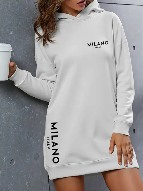 2025 European And American Women'S Fleece-Lined Hooded Sweatshirt Dress, Letter Print, Thickened Hoodie Dress, Sweatshirt, Long Trendy Casual Versatile * 2025 European And American Women'S Fleece-Lined Hooded Sweatshirt Dress, Letter Print, Thickened Hoodie Dress, Sweatshirt, Long Trendy Casual Versatile *