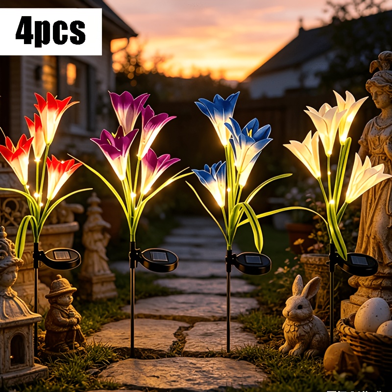 TEMU 4pcs Of Solar Simulation Lily Flower Lamps, Color Led 5-head Lily Flower Lamps, Outdoor Lighting Lamps, Ip44, Lamps In Courtyards, Decks And