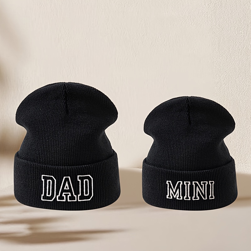 Image of 2pcs Set Makefge Men&;s Knit Hats - Dad & Winter Caps With Lettering, Soft Stretchy Warm , (dad/mini) - Ideal For Family , Skiing, Cycling - Casual & Formal Use