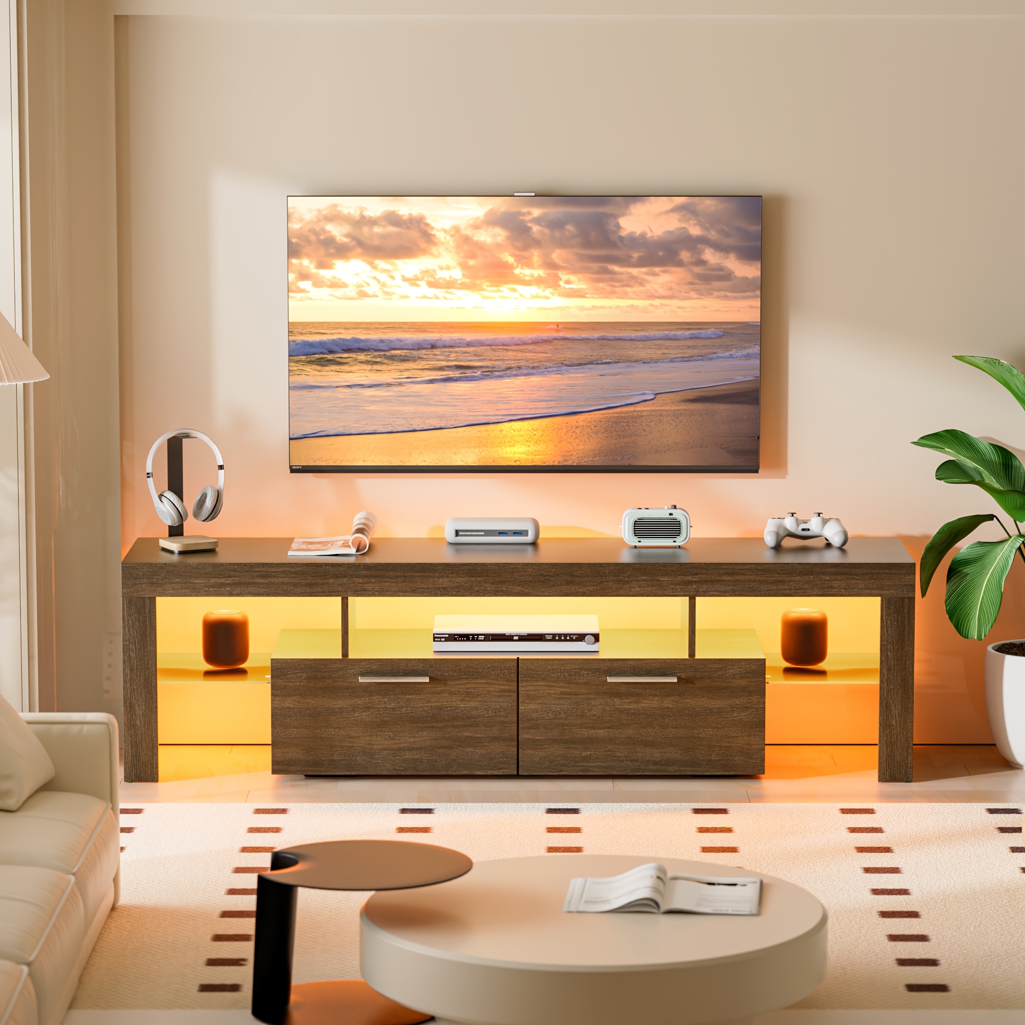 A Rustic Brown Wooden TV Stand Designed for 75-Inch Televisions, Featuring a Farmhouse Style Entertainment Center with Spacious Drawers And Open Shelving, Suitable for a Modern Industrial Media Console in Living Rooms Or Bedrooms