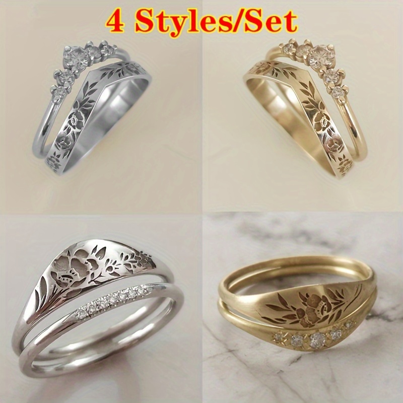 

4 Styles/set Of Minimalist Handmade Carved Flower Rings For Engagement And Wedding, Perfect For Romantic Anniversary Gifts