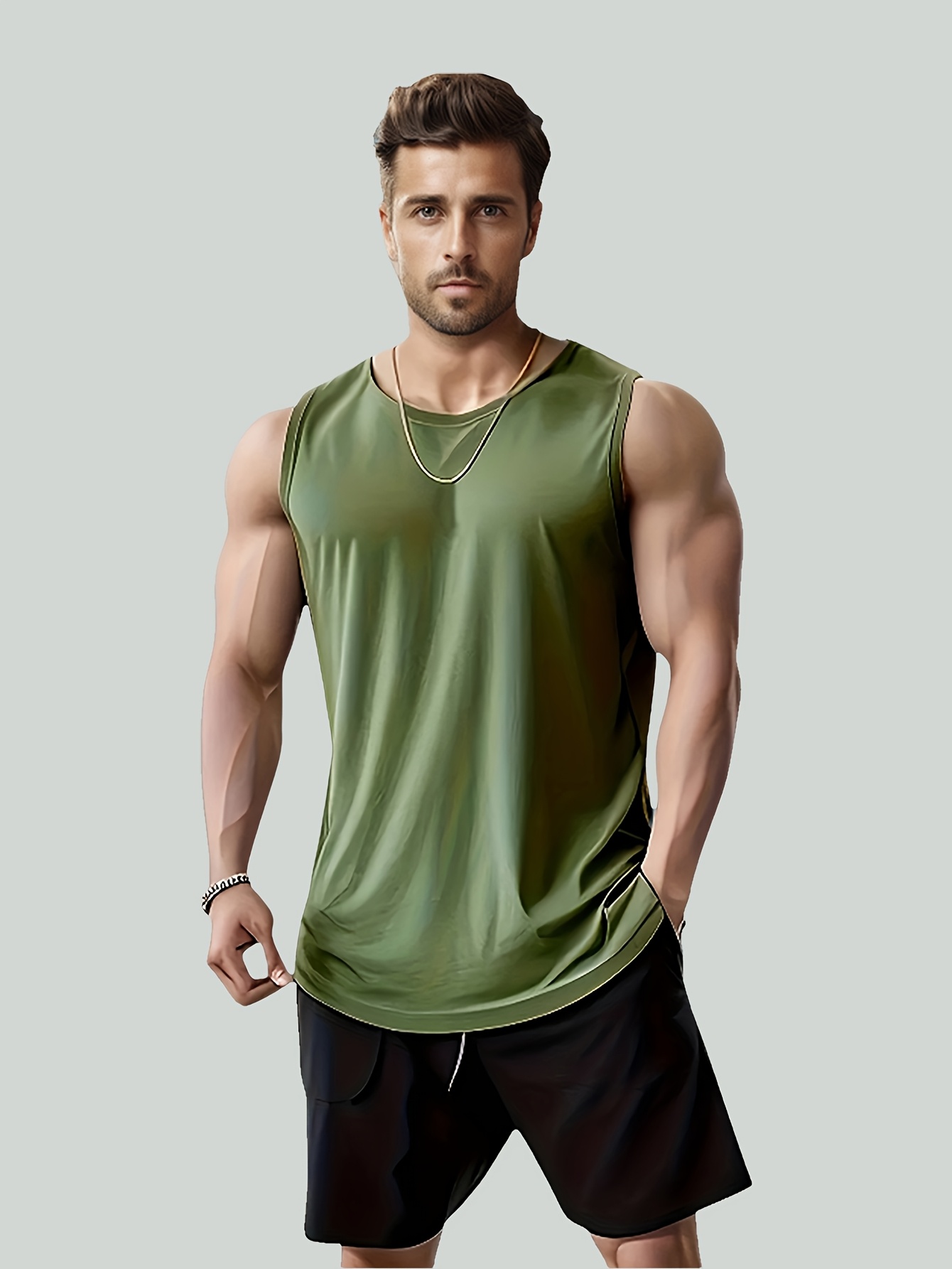 [Lightweight Design] Men's Quick-Dry Sleeveless Gym Shirt - Breathable, Moisture-Wicking Polyester Mesh Tank Top for Running & Fitness, Round Neck, Regular Fit, Sports Vest|Casual Sports Style|Breathable Mesh, Gym Clothes, PLUS SIZE