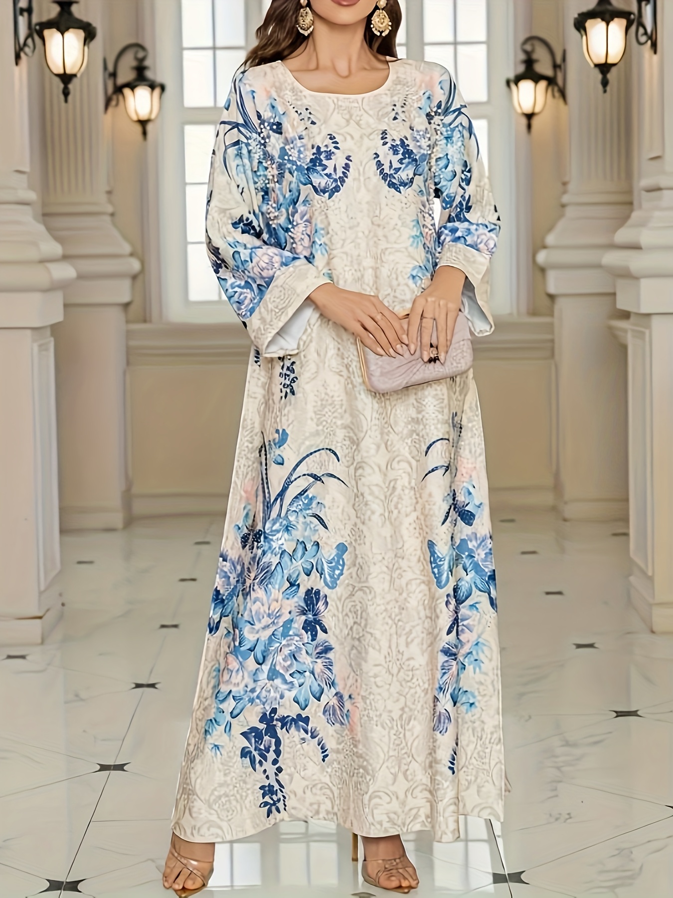 womens elegant floral print long sleeve abaya dress crew - Temu Austria
