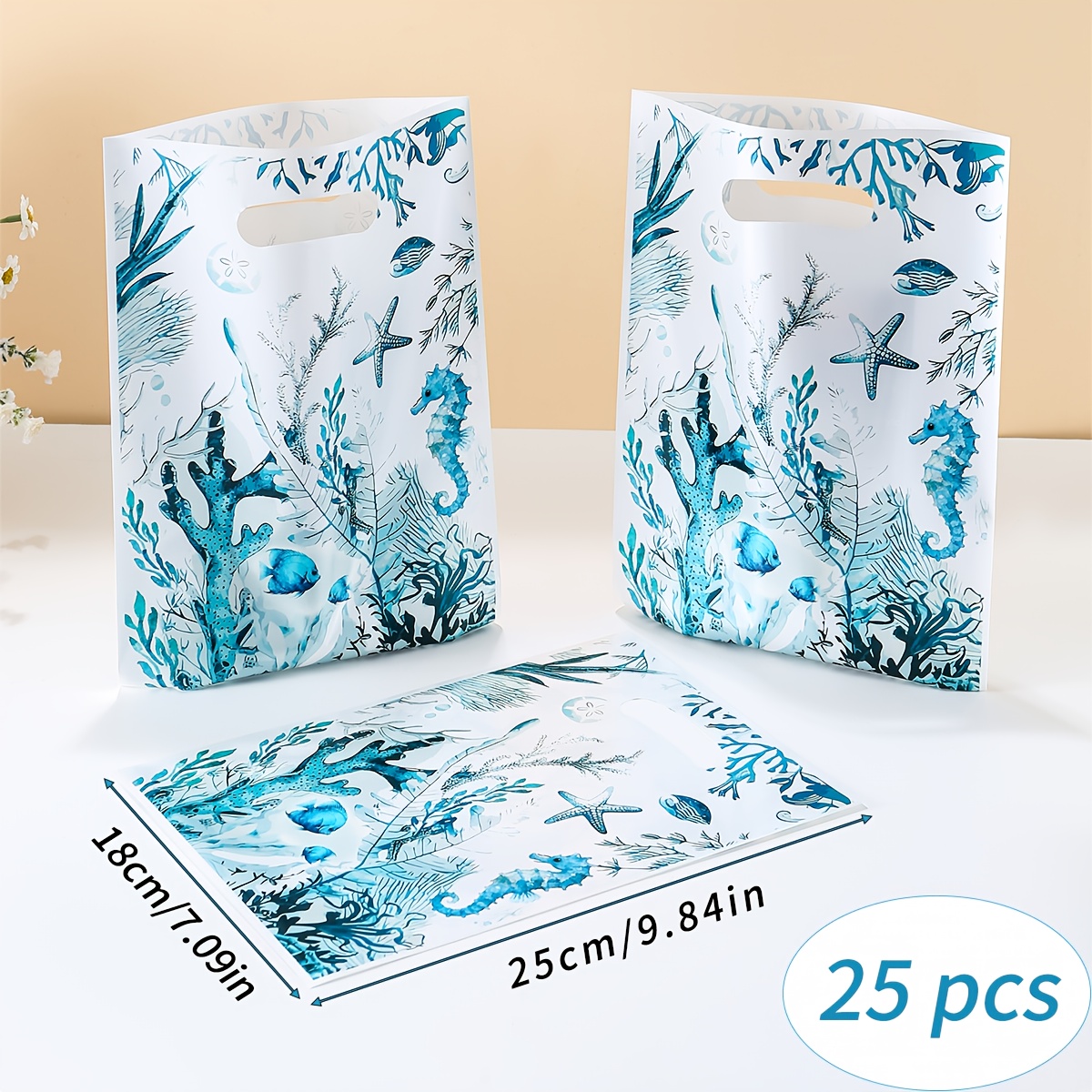TEMU 10/25/50pcs Sacs Cadeaux Thème Océan, Motif Sous-Marin Étoile de Mer, Sacs Cadeaux en Cellophane Plastique 25*18cm avec Poignées, Sacs