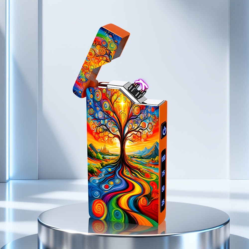1pc Cool Electronic Lighter, Rechargeable Dual Arc With Colorful Tree And River Pattern Print
