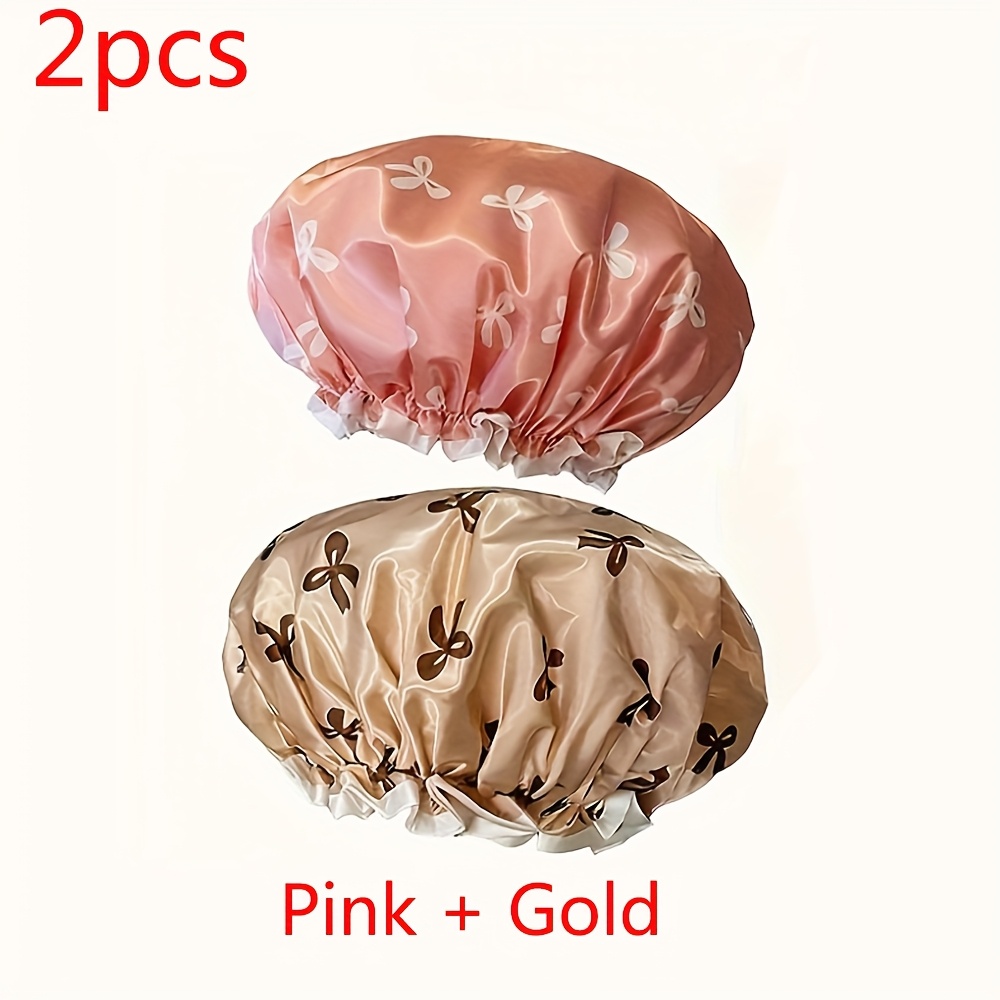 E-shop 2 Stück (rosa + gold) Doppelschicht-Badekappen, 4er-Set (rosa + gold + weiß + ) Urlaubs-Doppelschicht-Badekappen-Set, Schleifen-Print-Kappe,