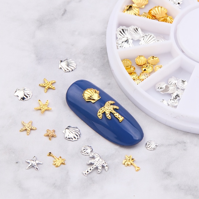 

12 Styles Ocean Style Nail Art Charms, Golden & Silvery Metal Rivets, Starfish Shell Mixed Designs, Round Storage Box For Nails Decoration Accessories
