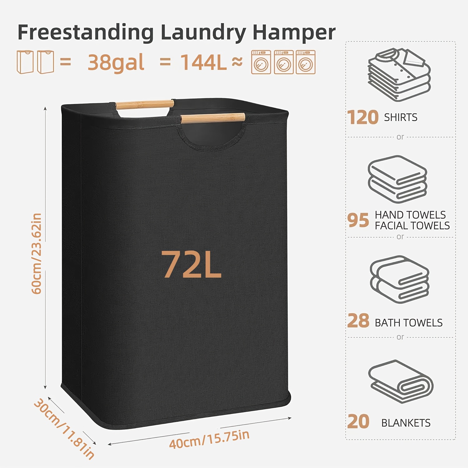 1pc/2pcs 72L Large Capacity Pure Black Laundry Basket, Solid Wood Handle, Black Minimalist Style, Foldable and Portable, Suitable for Storing Clothes, Books, Sundries, Etc., Ideal for Bathroom, Bedroom, Wardrobe, and Utility Room – Multi-Functional