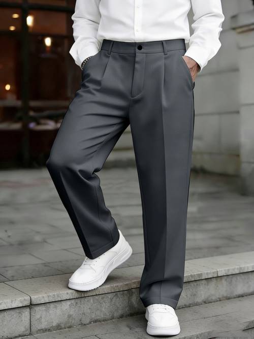 mens premium casual dress pants elegant straight leg trousers classic tailored long pants non stretch fabric machine washable solid color suitable for business semi formal and casual outfits versatile formal wear