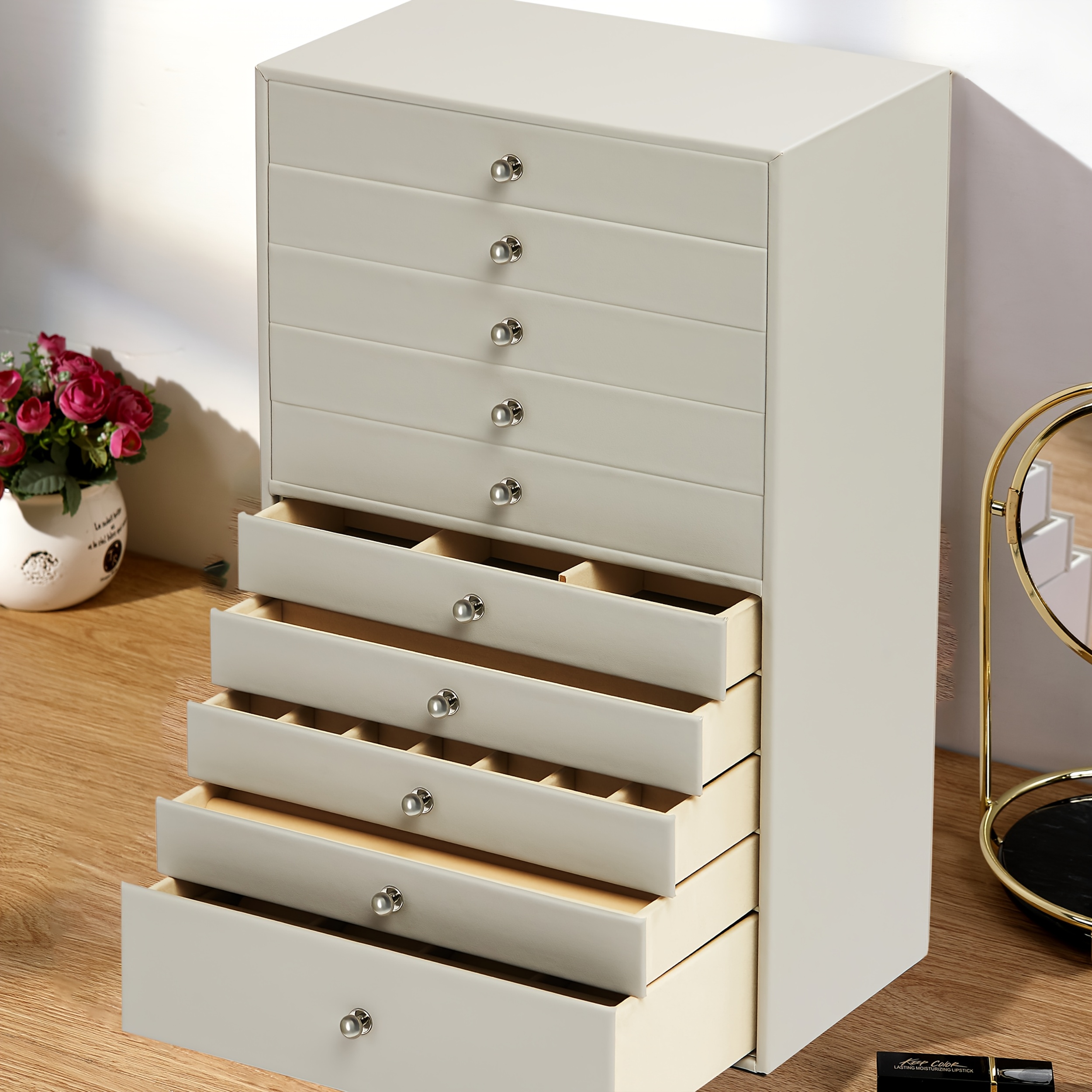 1pc large capacity ten layer velvet jewelry storage cabinet with 10 drawers stylish rectangle design tabletop mounting multipurpose contemporary   gift for mothers day valentines day birthday christmas gift jewelry boxes Product details 1