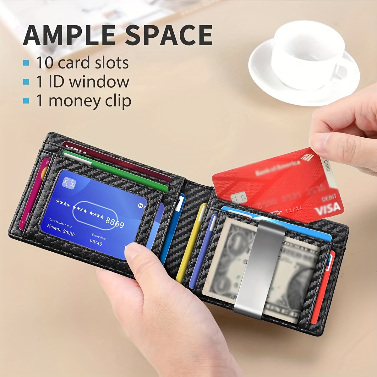 Carteira Grande para Hombres LASVAULT con Clip para Dinero, 10 Ranuras para Tarjetas, Ventana para DNI - Estilo Urbano, Portatarjetas de Crédito Doble Plegable, Regalo Ideal para Hombres, Negro