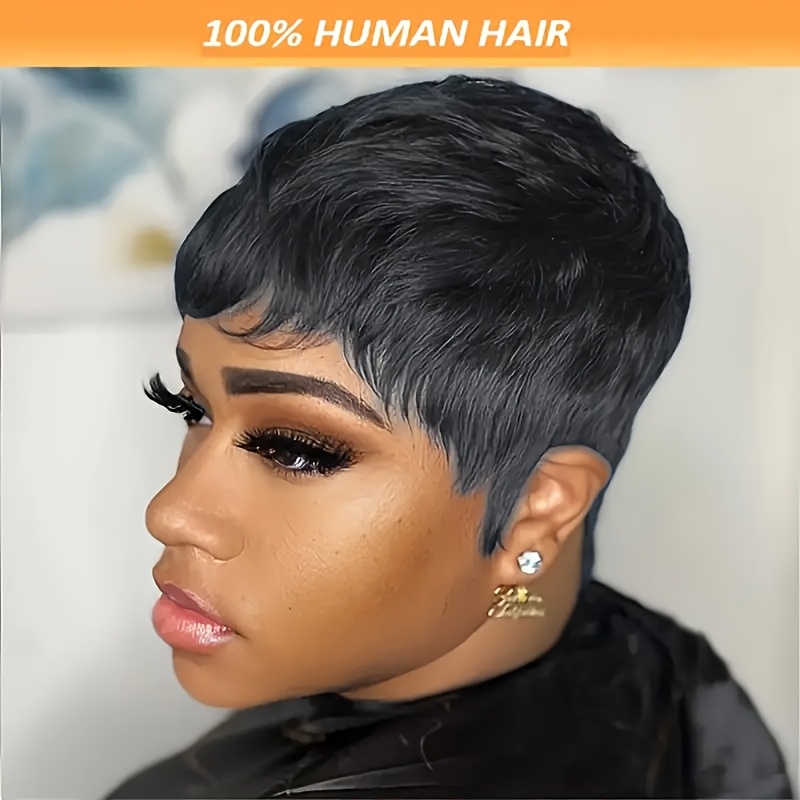 TEMU Short Wig Made From Human Hair, Measuring 4 Inches, Designed For Women. This Glueless Layered Wig Features Brazilian And In Black