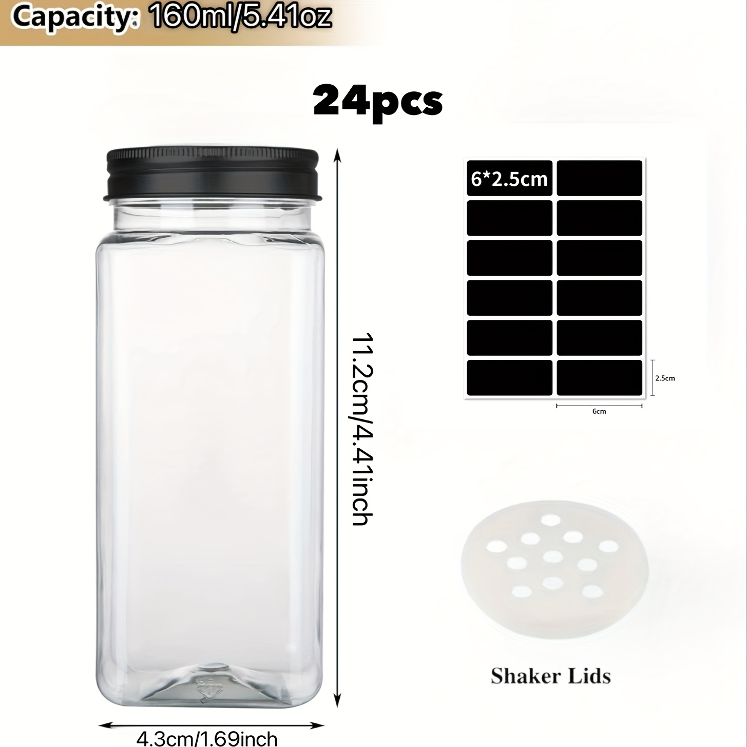12/24pcs Plastic Spice Jars, 5.6oz (. 160 G) Square Spice Containers, Reusable Salt And Pepper Shakers With Airtight Lids, Labels, And A Pen, Suitable For Spices, Herbs, Powders, And Glitters