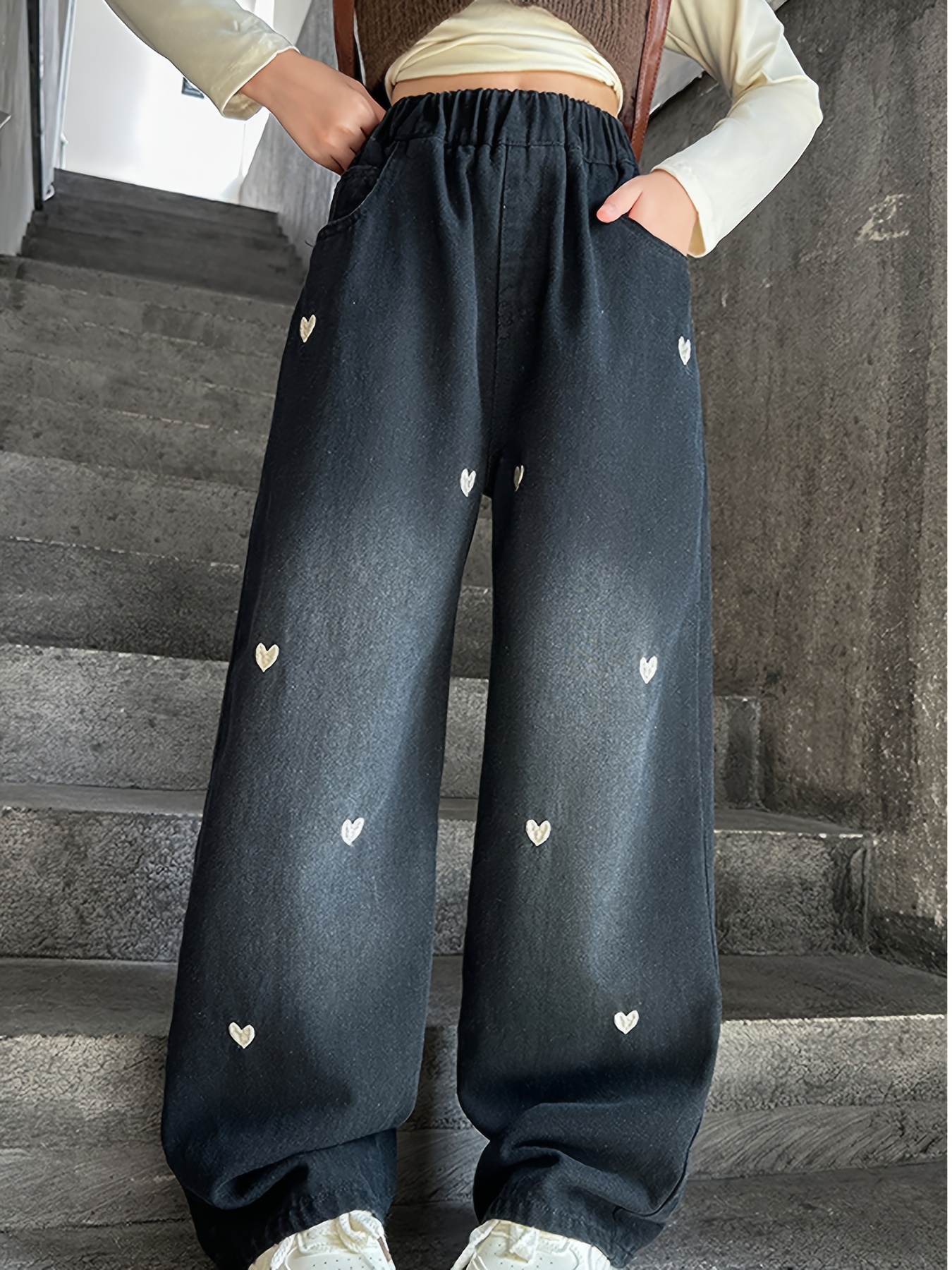 Girls Baggy Jeans With Lace Trim – Wide Leg, Loose Fit Casual Pants With Pockets