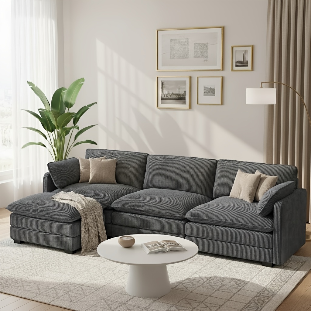 3-seat & 1-ottoman Oversized Corduroy L-shaped Modular Sectional Sofa | Soft Comfy Cloud Couch With Movable Ottoman, Cushion-back, , Sponge Filling, , Green, Dark Gray, Beige - Asofer