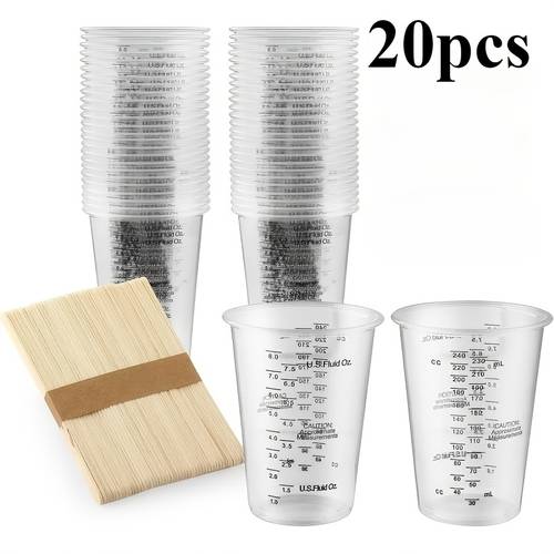 20pcs precision measurement 240ml 8oz disposable plastic measuring cup and wooden stirring rod one time use to suitable for mixing epoxy paint