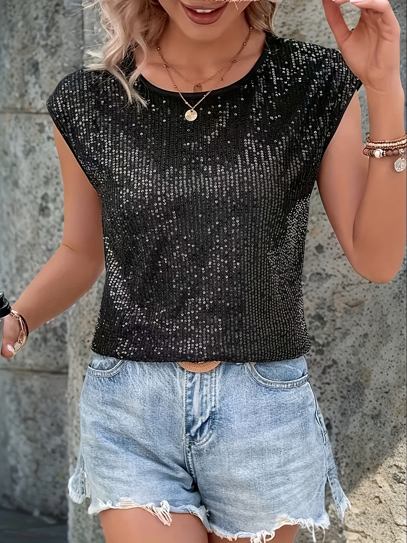 women's casual party sequin sleeveless t shirt relaxed fit Temu