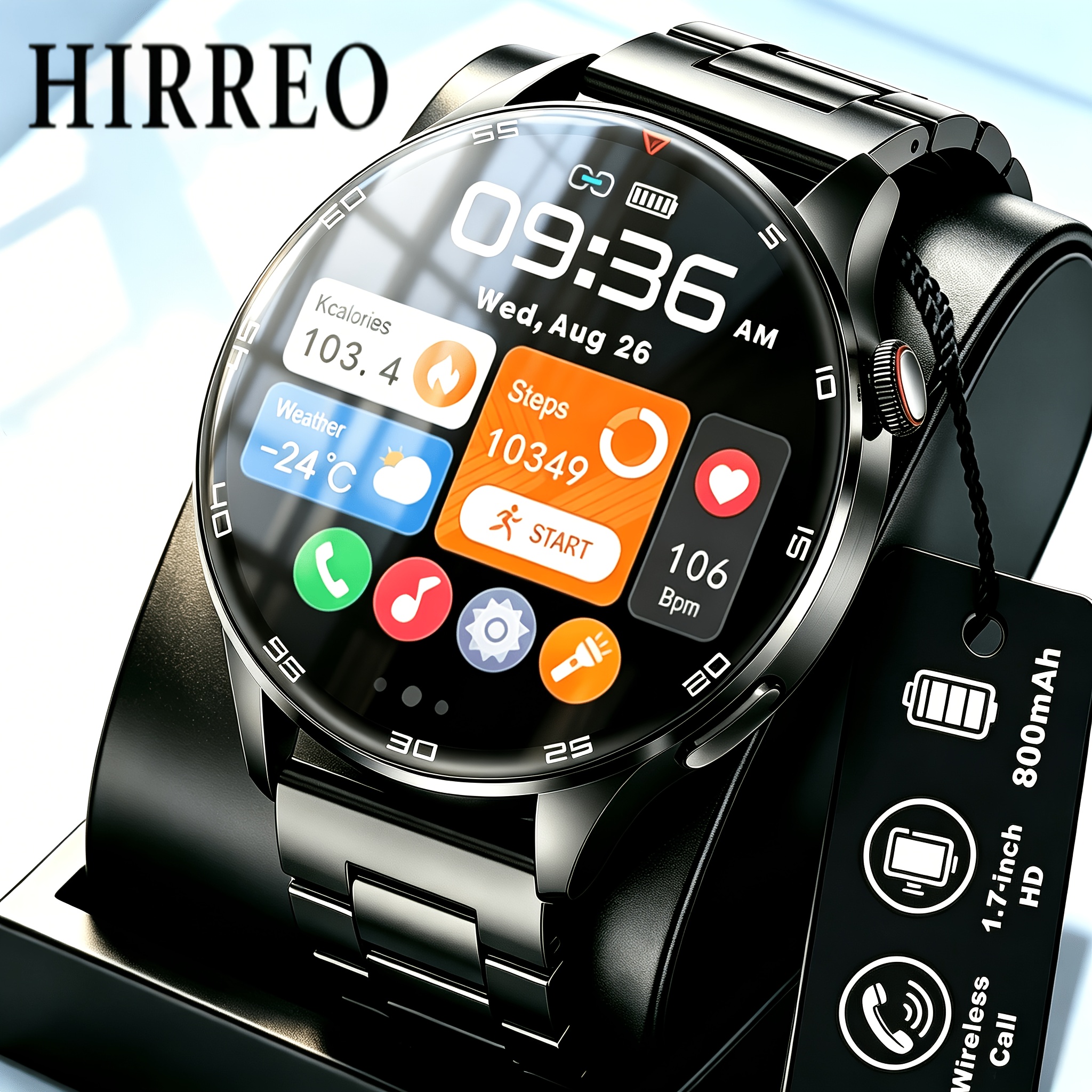 Image of Hirreo Watch, 1.7-inch Large Hd Screen With Wireless Call, 110 , Led Flashlight, 800mah, Ipx8 Waterproof, Pedometer, 200+ Watch Faces, Fitness , Sleep Monitor, Compatible With Iphoe