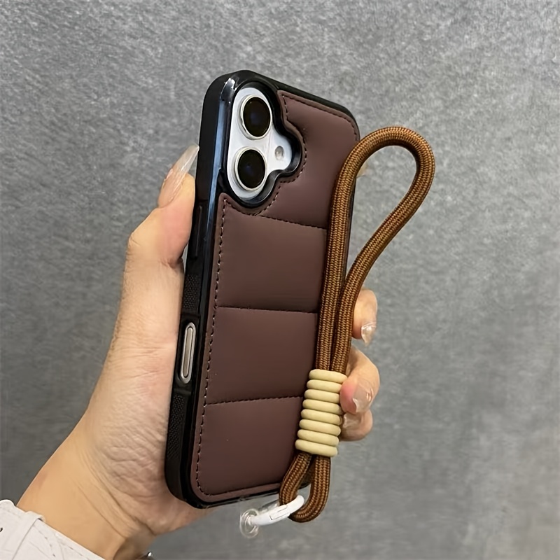 TEMU Phone Case - Cotton Filled Down Jacket Shockproof Phone Case Suitable For Iphone 16 15 14 13 12 11 Handheld Rope Case