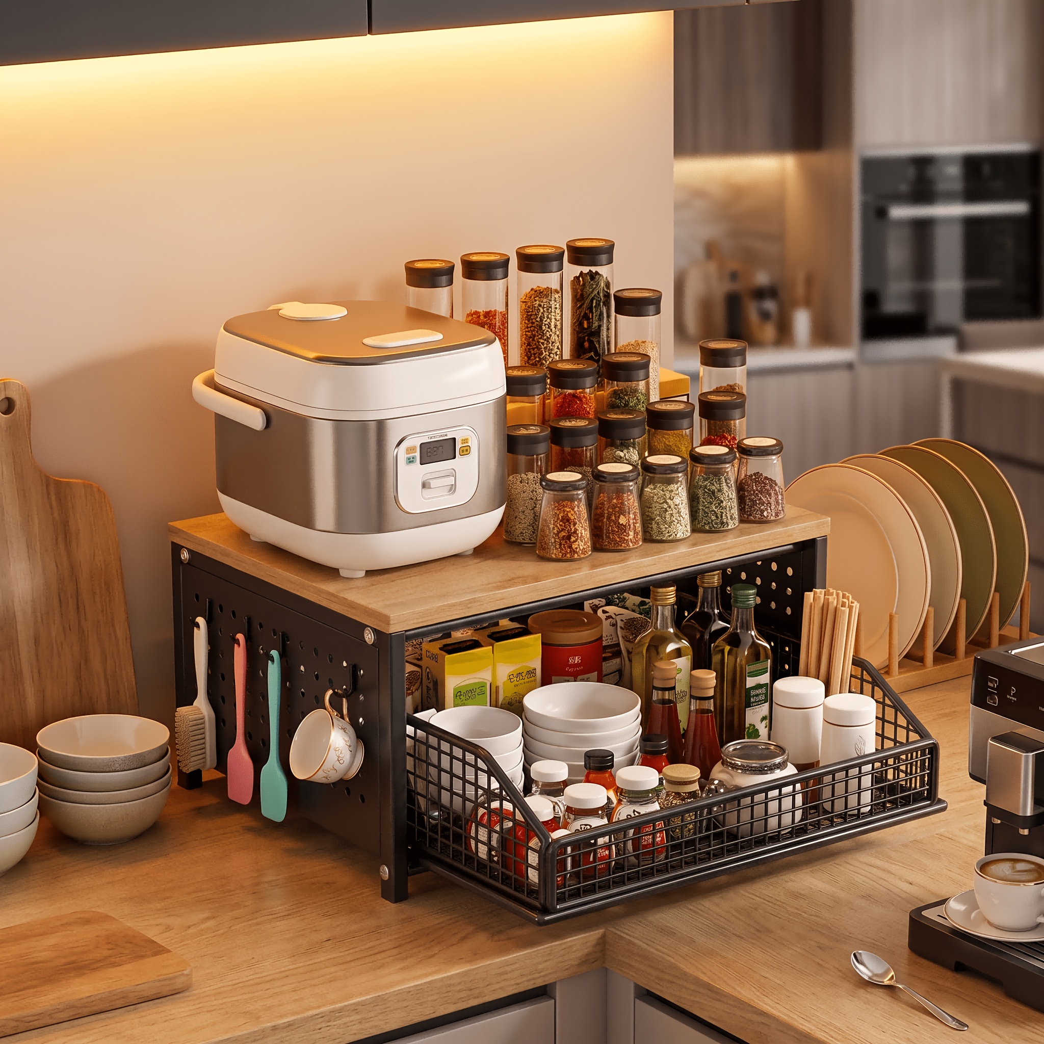 TEMU Étagère de Rangement Multifonctionnelle de Cuisine, Porte-Capsules de Café/Machine à Café, Étagère de Rangement à Double Niveau Coulissante,