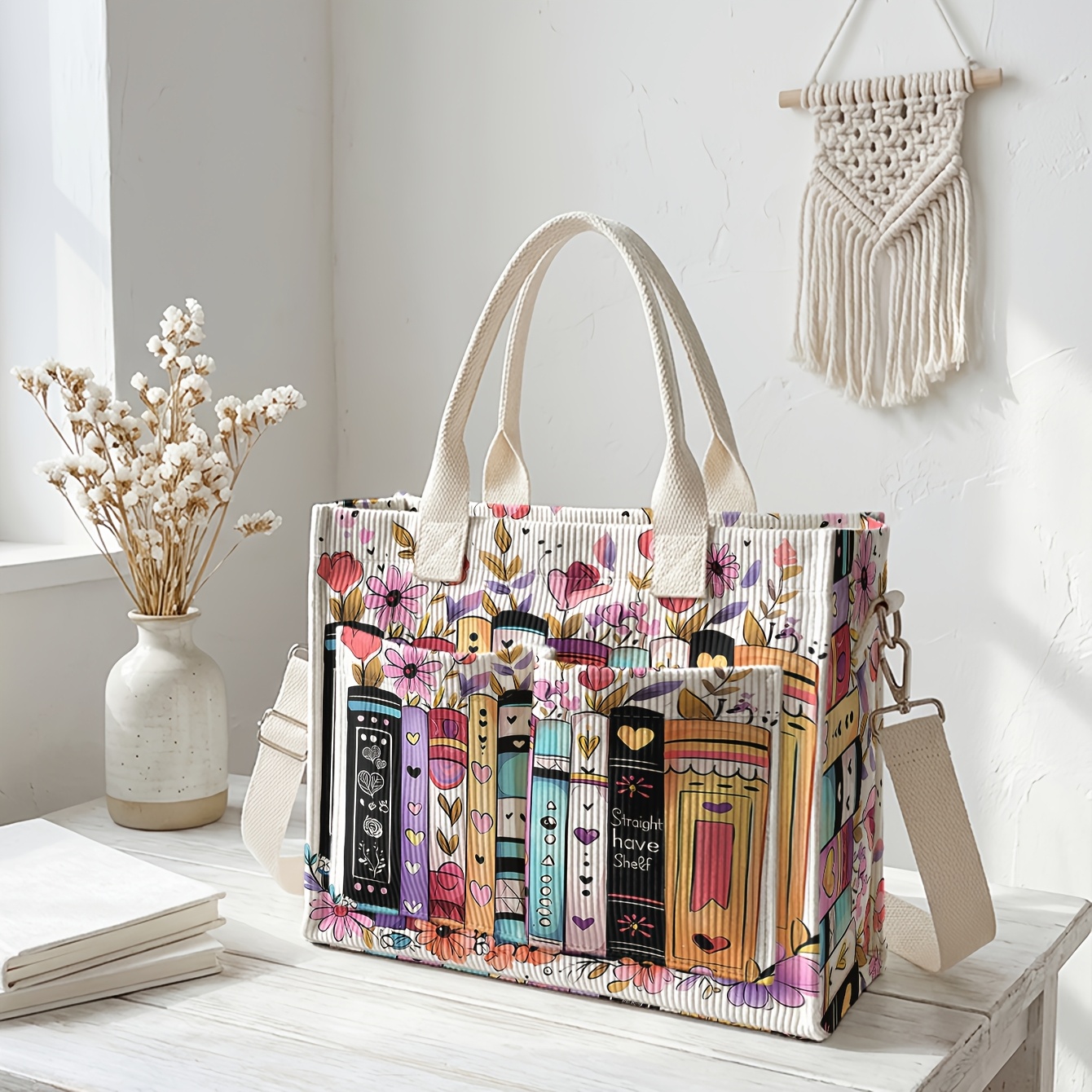 TEMU 1pc, 2d Printed Book Flower Pattern Fashionable Tote Bag, Corduroy Material And Suitable For Hand Or Crossbody Carry. Convenient And Versatile