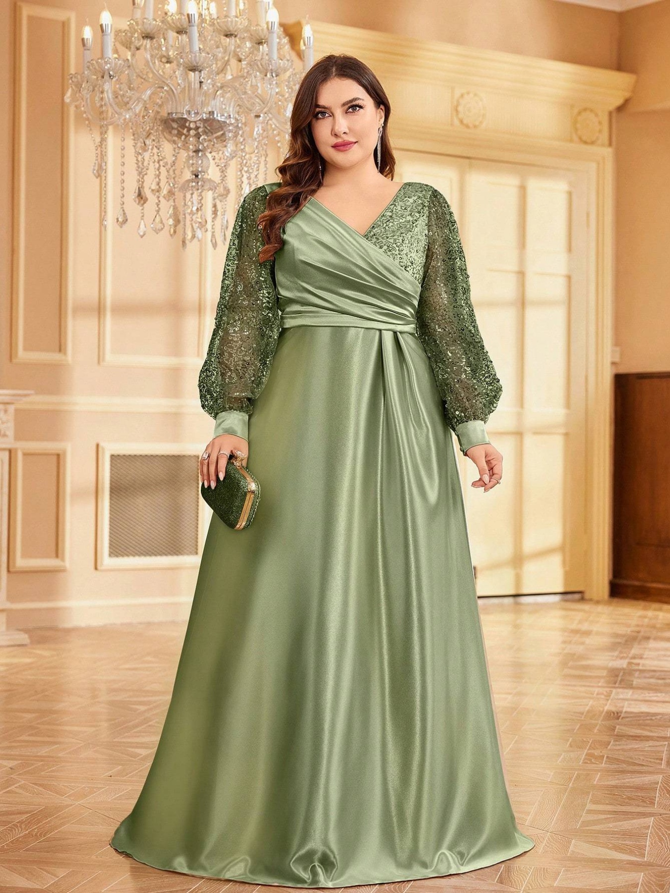 plus size plus size high quality satin sequined v neck a - Temu
