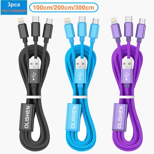 3pcs 3 in 1 multi port charging cable lightning micro type c fast charging for samsung huawei oppo vivo oneplus and more smartphones for iphone 17 16 15 14 13 12 11 pro max xs xr 8 7 6 5 brand length 100cm 200cm 300cm