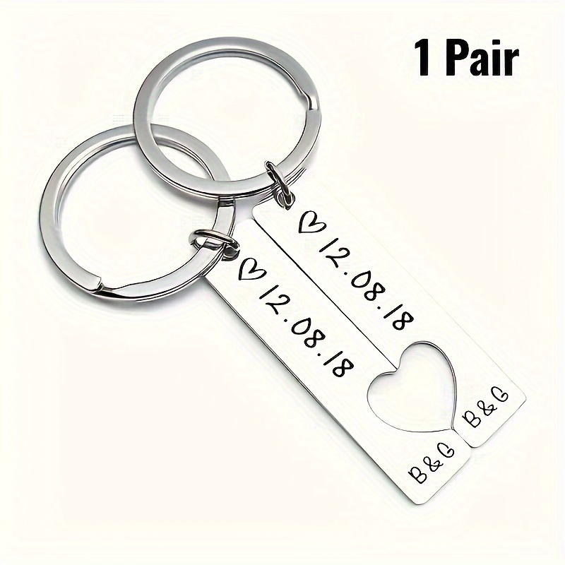 Image of 1 Pair Of Engraved Stainless Steel Keychains, , Personalized Fashionable Couple Key Rings, With Anniversary, Birthday, Father's Day Dates - Ideal Gift Set