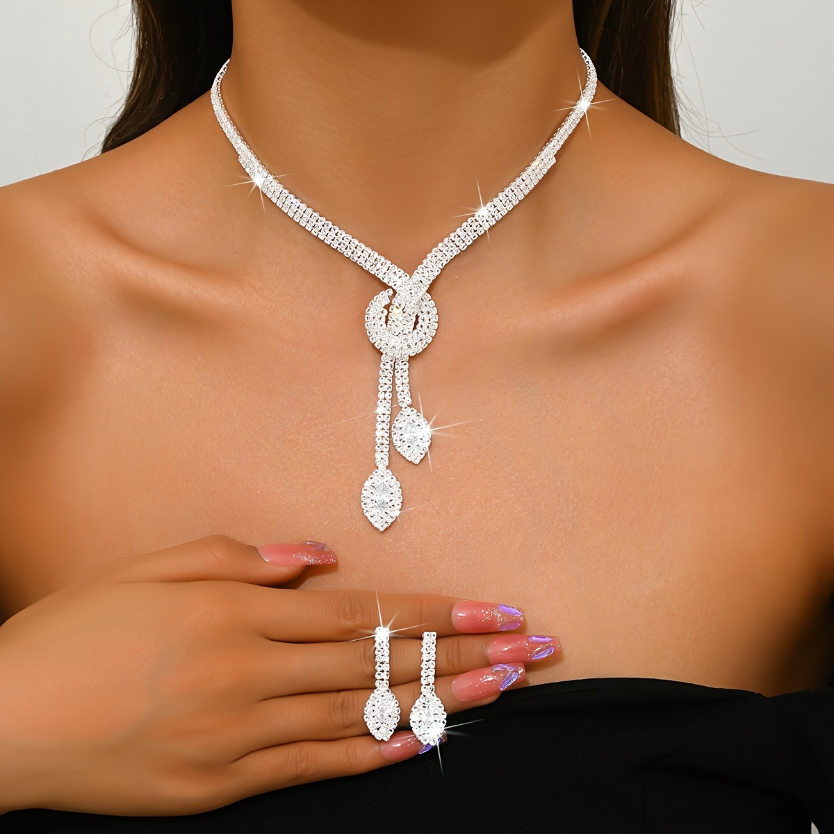 Image of Fashion Necklace And Earrings Set, Rhinestone Copper, Elegant Bridal Wear, Evening Gown And Wedding Dress Accessories, Gift