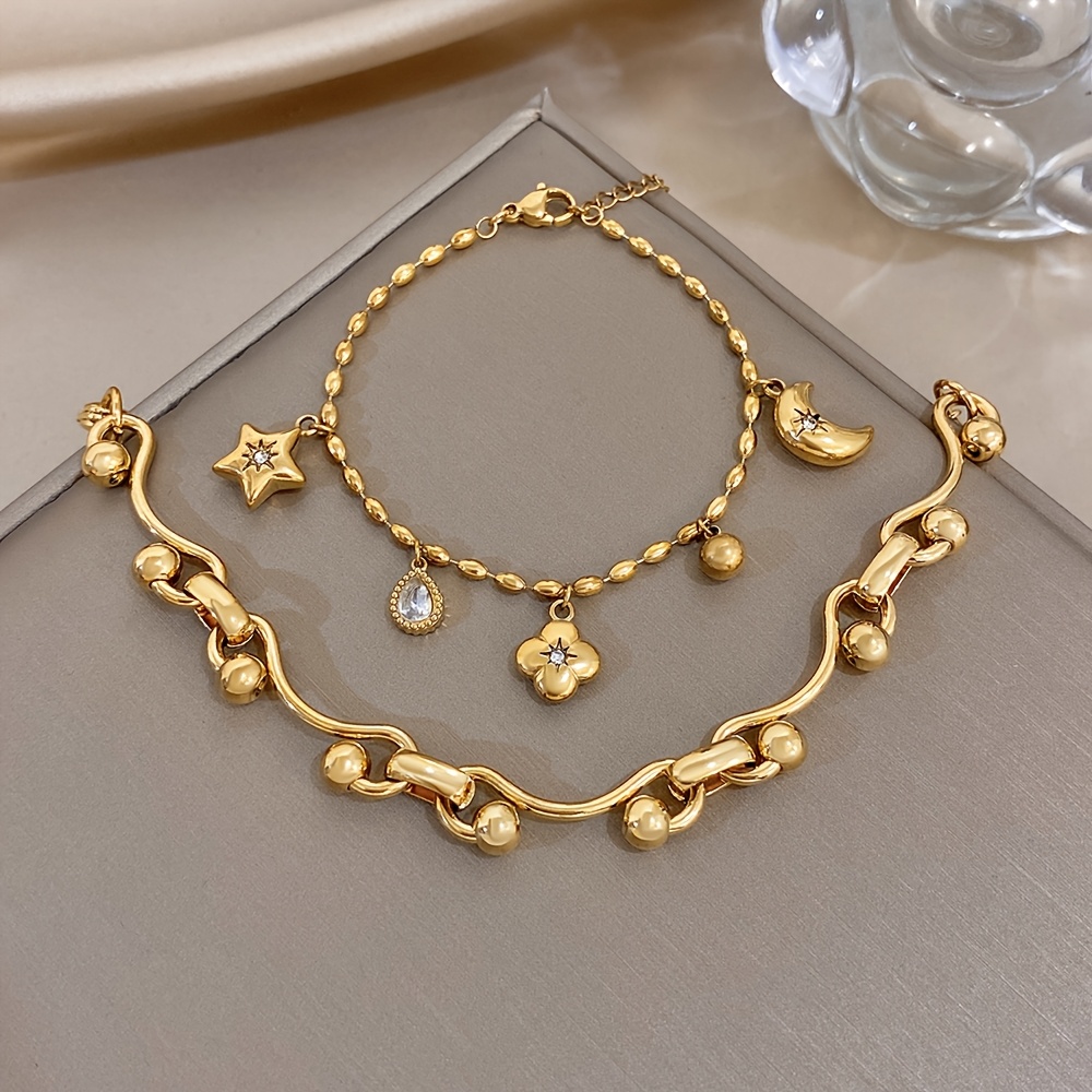 2pc Golden Cuff & Zirconia Inlaid Bracelet Set, Elegant Gift