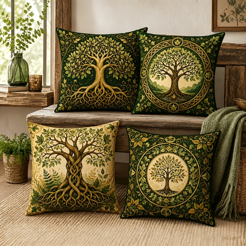TEMU 4pcs Tree Of Pillowcases, Vintage Forest-style Home Decor Cushion Covers, Gift For Family, , , Zipper Closure Cushion Covers, In Multiple Sizes,