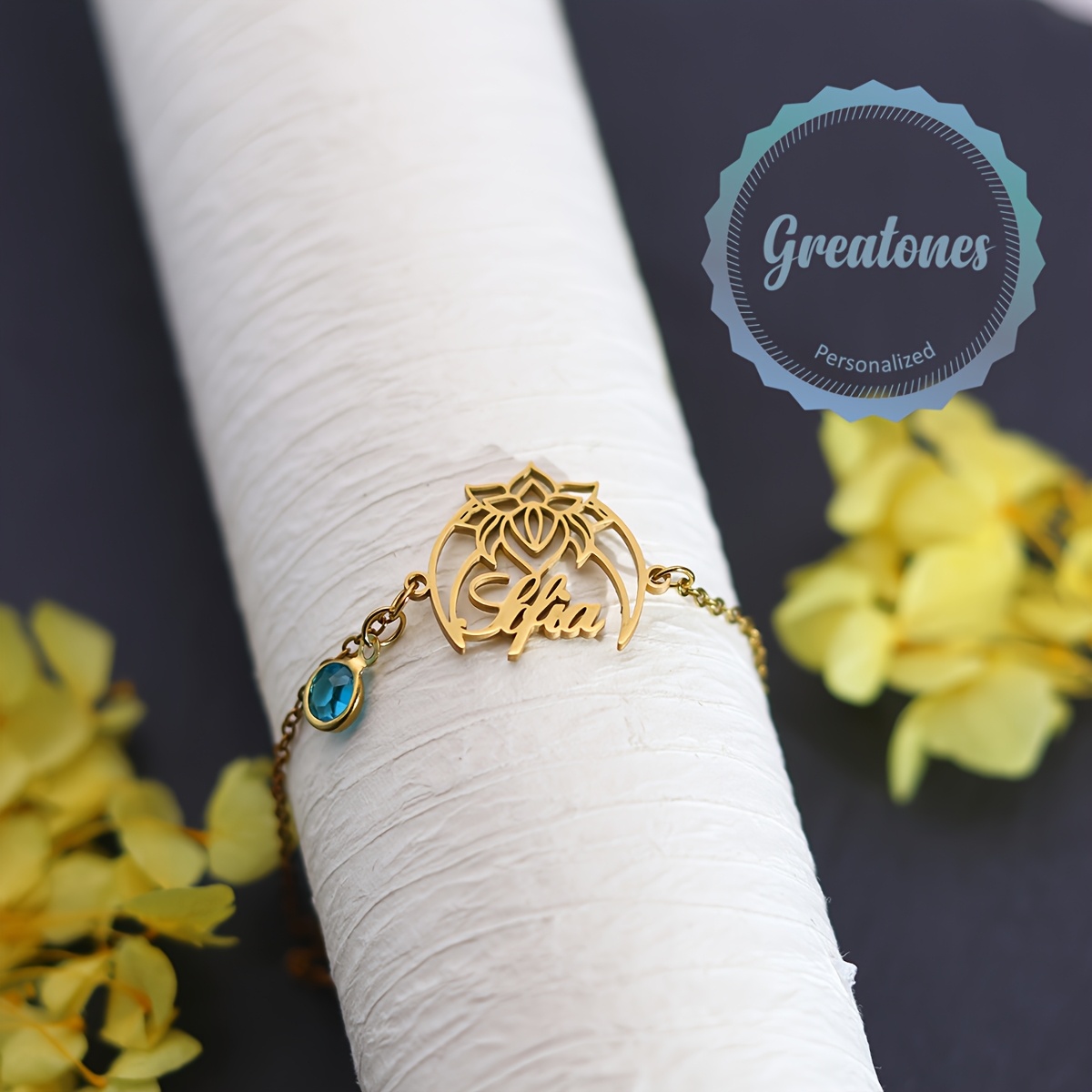 Custom Hollow Lotus Design Stainless Steel Name Bracelet