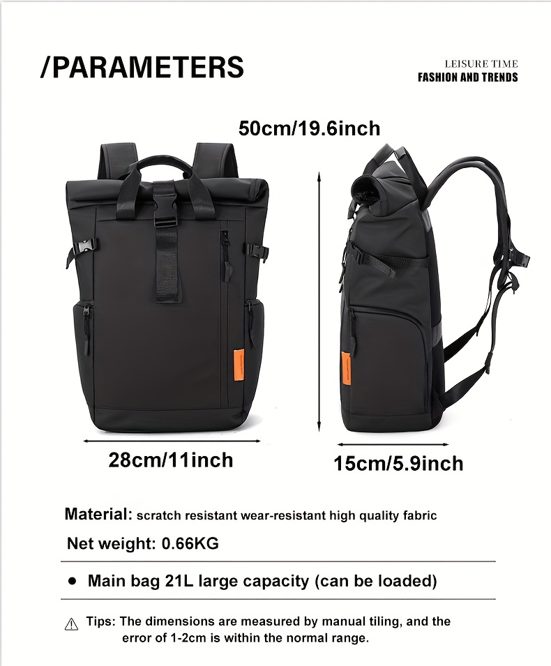 Fashionable Unisex Casual Backpack, European and American Trendy Style Double-Shoulder Backpack, Multi-Functional Roll-Top Laptop Backpack for Outings, Shopping, and Travel, Nylon Double-Shoulder Computer Bag with Fine Workmanship