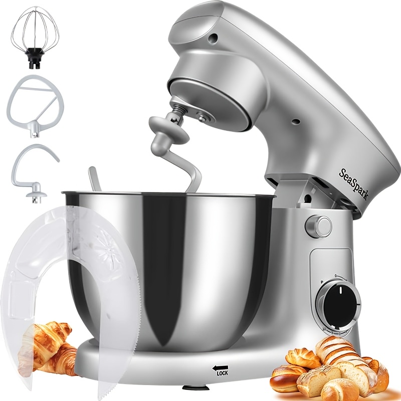 Seaspark 5.5qt 3-in-1 10 Mixer | Stainless Steel Bowl, Dough Hook, Flat Mixer, Suitable For Most , Silvery