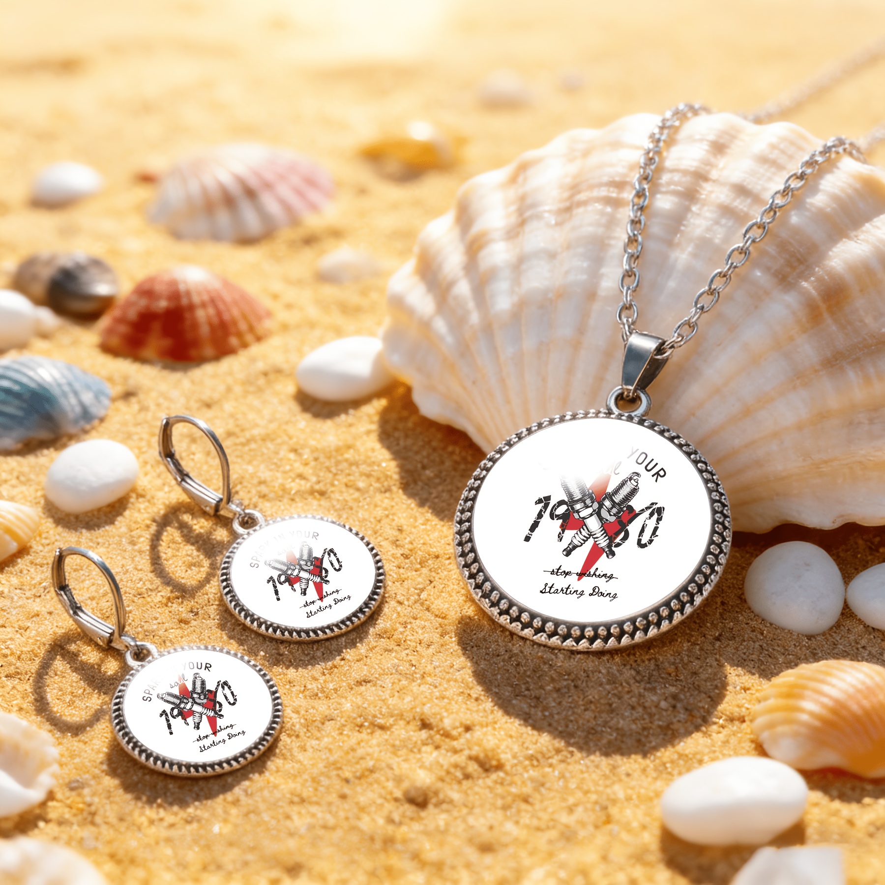3pcs Spark Plug Pattern Necklace Earring Set for Women