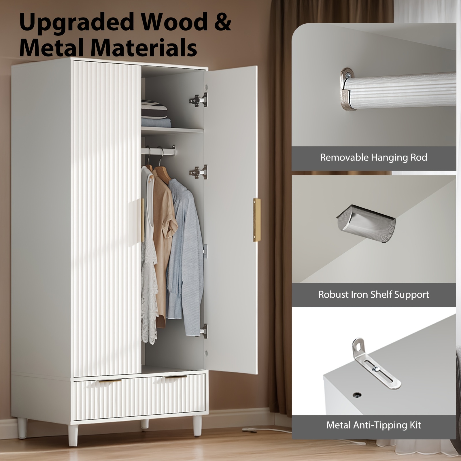 Bonnlo Fluted Wardrobe Armoire - Freestanding Wood & MDF Cabinet with Hanging Rack, Shelves & Drawers, Pre-Assembled Bedroom Closet Suitable for Apartments, Dorms, Small Spaces