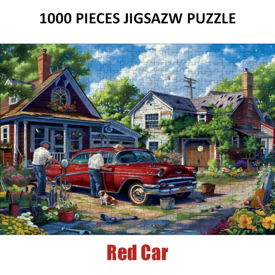 Image of 1000pcs Vintage Red Car - Artistic Paper Puzzle With Scene, Perfect Thanksgiving, Christmas, New Year & Valentine's Gift, 27.56x19.69 Inches