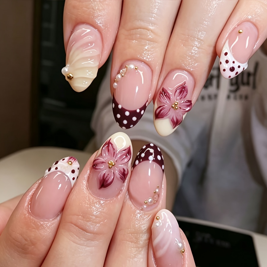 TEMU Uñas postizas florales rosas, 10 unidades de uñas postizas almendradas francesas medianas, manicura elegante reutilizable con perlas y diamantes