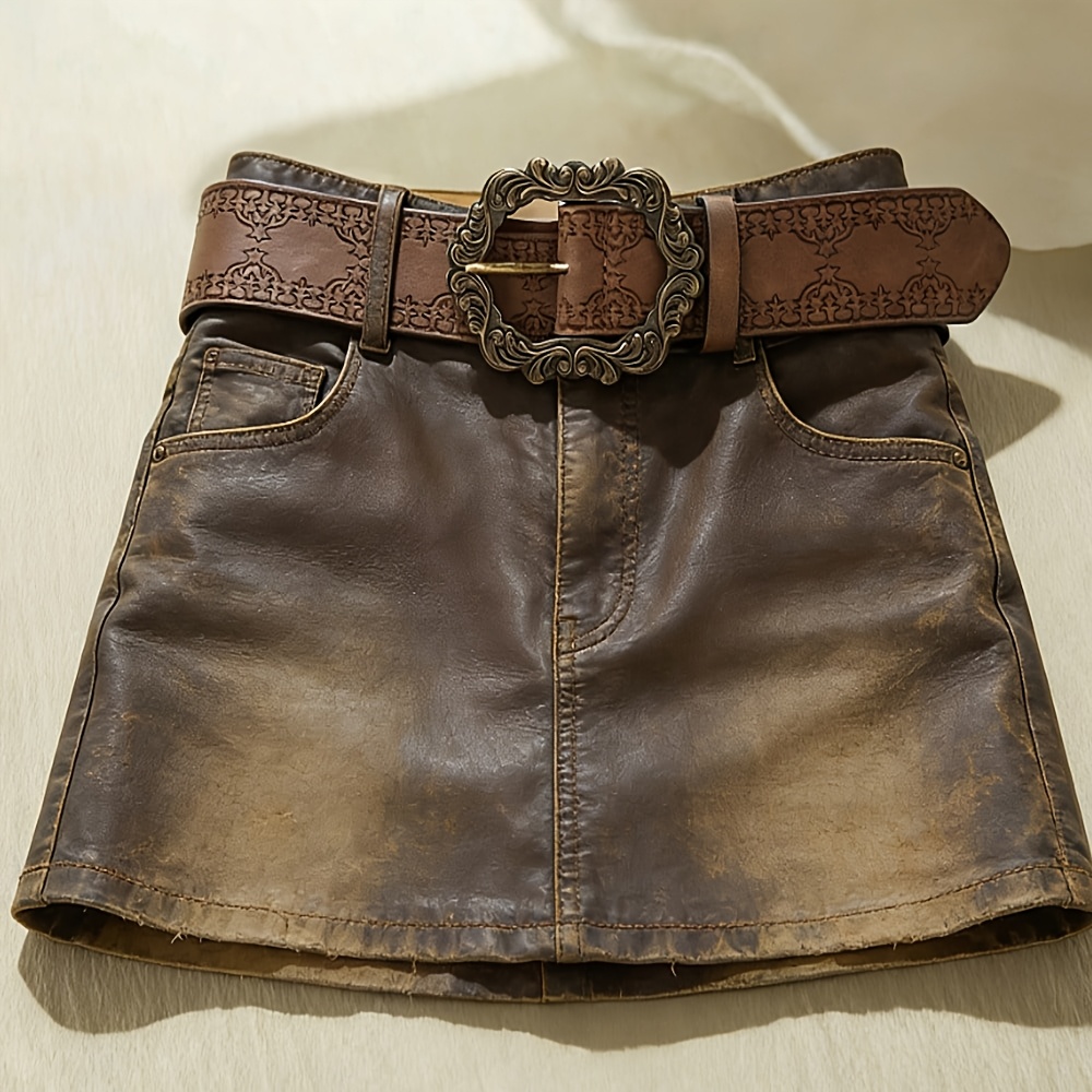 TEMU Women's Vintage Western Belt, Ornate Vintage Bronze , Engraved Pattern Wide Waist Belt, Retro Cowboy Style Belt For Jeans & Dresses
