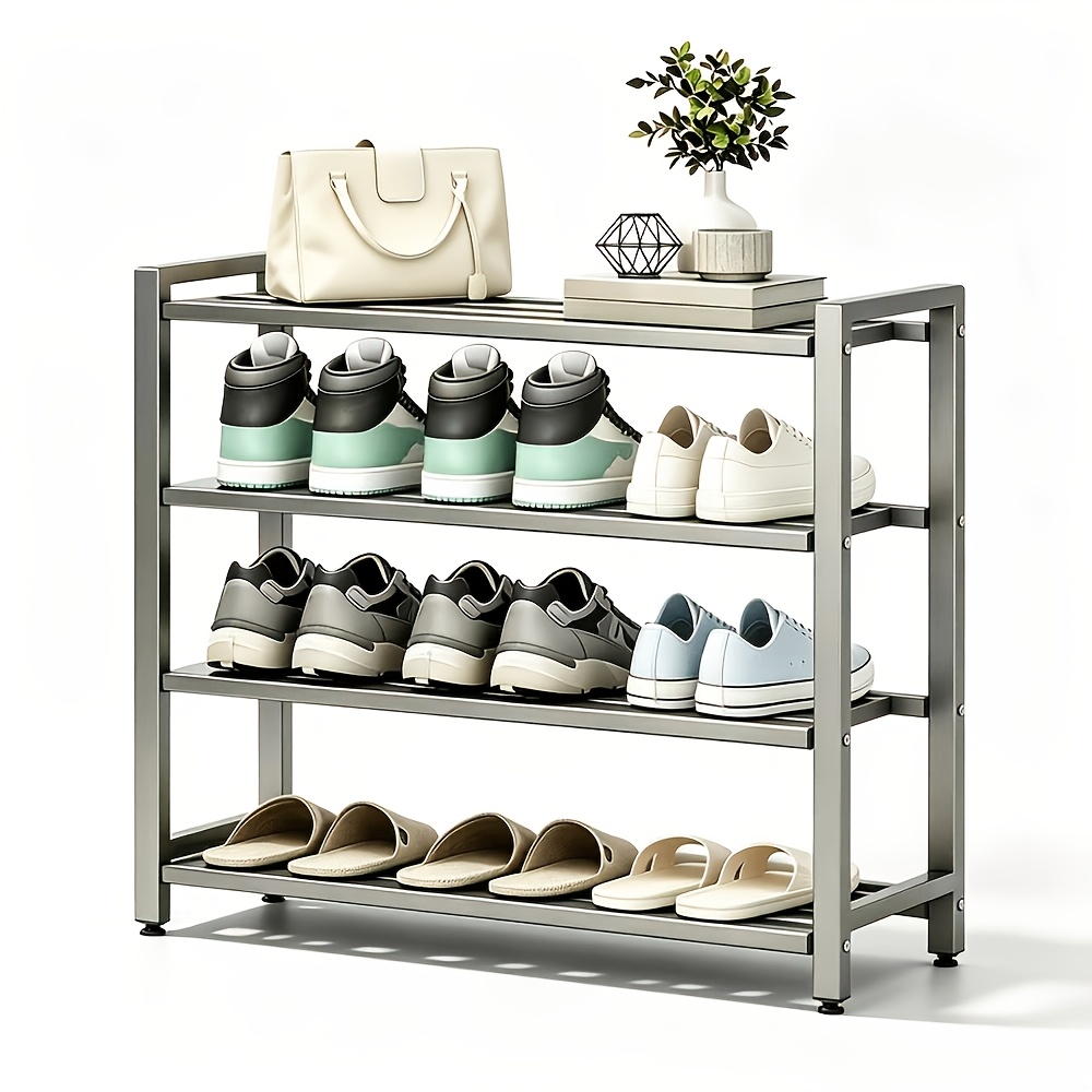 Image of 4-tier Shoe Rack 65cm Wide, Sturdy Metal Shoe Storage Organizer With Adjustable Feet, Shelf For Shoes, Bags, Home Entryway Organization